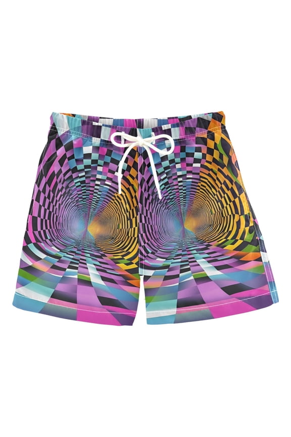 Boys Swim Trunks Quick Dry Mesh Liner Boardshorts Sizes XS-XL, Green Wavy Plaid