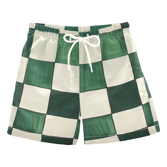 FORMRS Boys Swim Trunks Quick Dry Mesh Liner Boardshorts Sizes XS-XL, Green and White Plaid Pattern