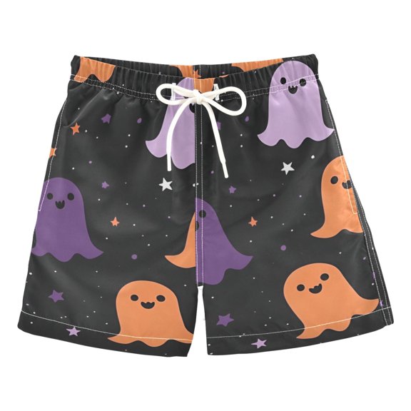 FORMRS Boys Swim Trunks Quick Dry Mesh Liner Boardshorts Sizes XS-XL, Halloween Orange Ghosts