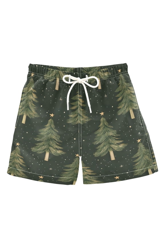 Boys Swim Trunks Quick Dry Mesh Liner Boardshorts Sizes XS-XL, Hand Drawn Christmas Trees