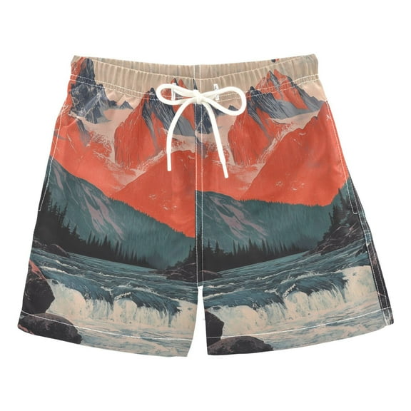 FORMRS Boys Swim Trunks Quick Dry Mesh Liner Boardshorts Sizes XS-XL, Mountains at Dawn