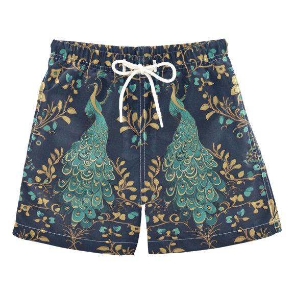 FORMRS Boys Swim Trunks Quick Dry Mesh Liner Boardshorts Sizes XS-XL, Navy Blue Peacock Pattern