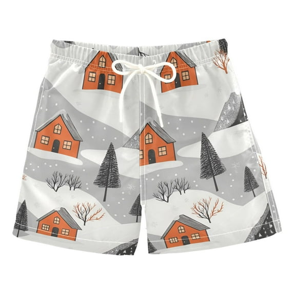 FORMRS Boys Swim Trunks Quick Dry Mesh Liner Boardshorts Sizes XS-XL, Orange Cartoon Houses