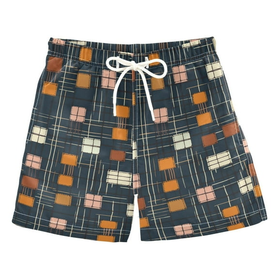 FORMRS Boys Swim Trunks Quick Dry Mesh Liner Boardshorts Sizes XS-XL, Orange Checkered Pattern
