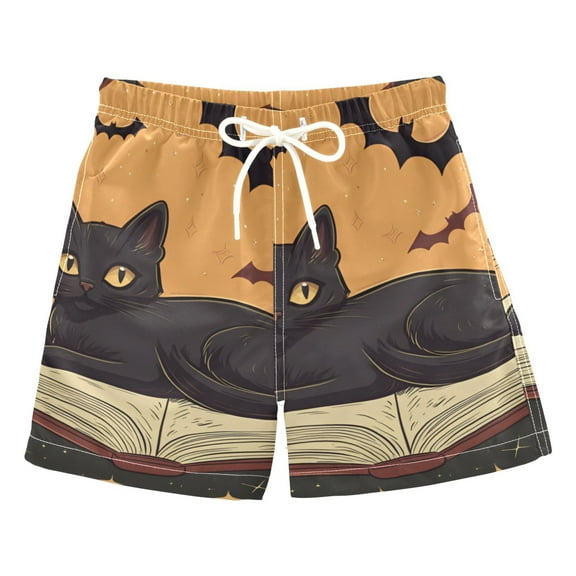 FORMRS Boys Swim Trunks Quick Dry Mesh Liner Boardshorts Sizes XS-XL, Orange Halloween Cat