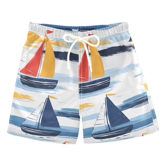 FORMRS Boys Swim Trunks Quick Dry Mesh Liner Boardshorts Sizes XS-XL, Orange Hand Drawn Sailboats