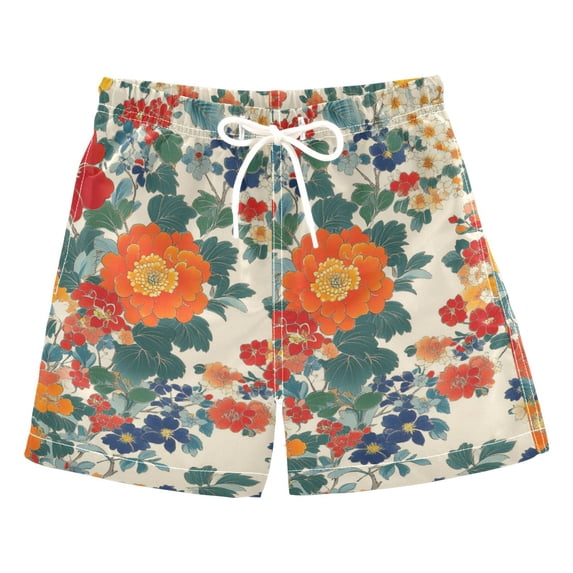 FORMRS Boys Swim Trunks Quick Dry Mesh Liner Boardshorts Sizes XS-XL, Orange Japanese Flowers Pattern