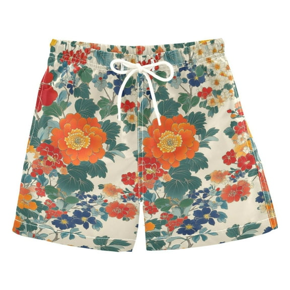 FORMRS Boys Swim Trunks Quick Dry Mesh Liner Boardshorts Sizes XS-XL, Orange Japanese Flowers Pattern