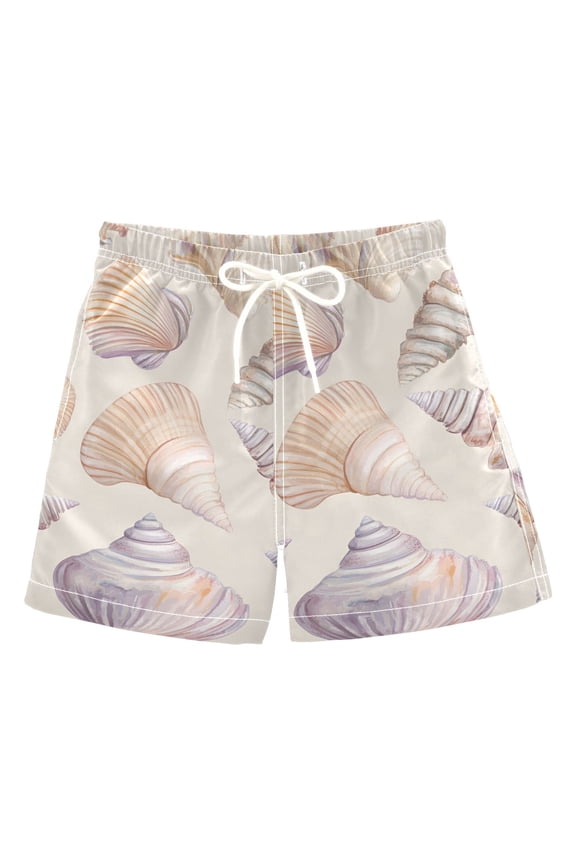 Boys Swim Trunks Quick Dry Mesh Liner Boardshorts Sizes XS-XL, Orange Watercolor Seashells