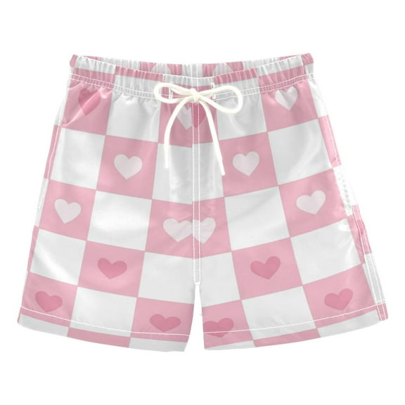FORMRS Boys Swim Trunks Quick Dry Mesh Liner Boardshorts Sizes XS-XL, Pink Checkered Heart