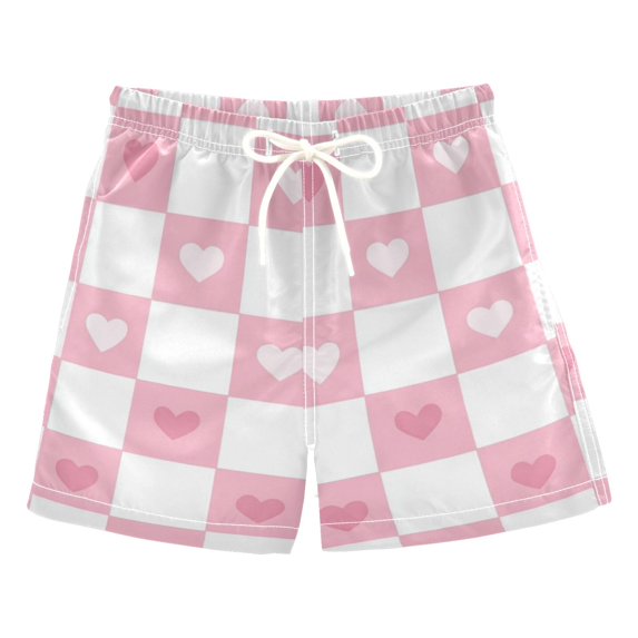 FORMRS Boys Swim Trunks Quick Dry Mesh Liner Boardshorts Sizes XS-XL, Pink Checkered Heart