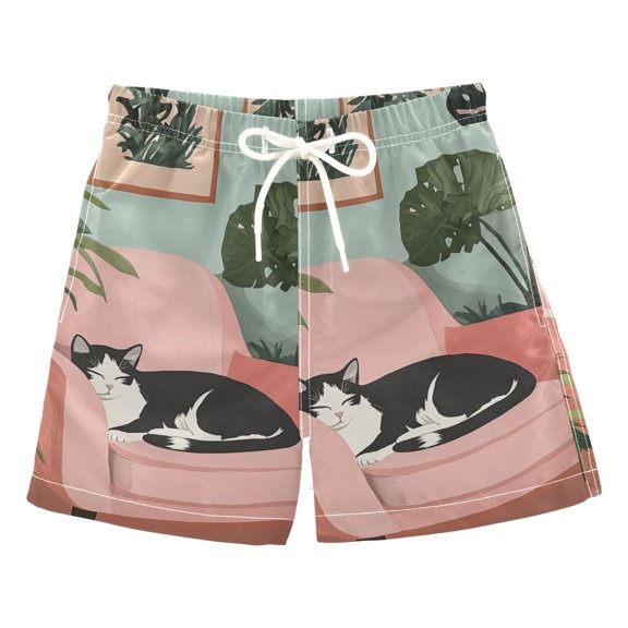 FORMRS Boys Swim Trunks Quick Dry Mesh Liner Boardshorts Sizes XS-XL, Pink Sleeping Cat