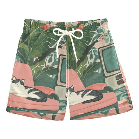 FORMRS Boys Swim Trunks Quick Dry Mesh Liner Boardshorts Sizes XS-XL, Pink and White Cat