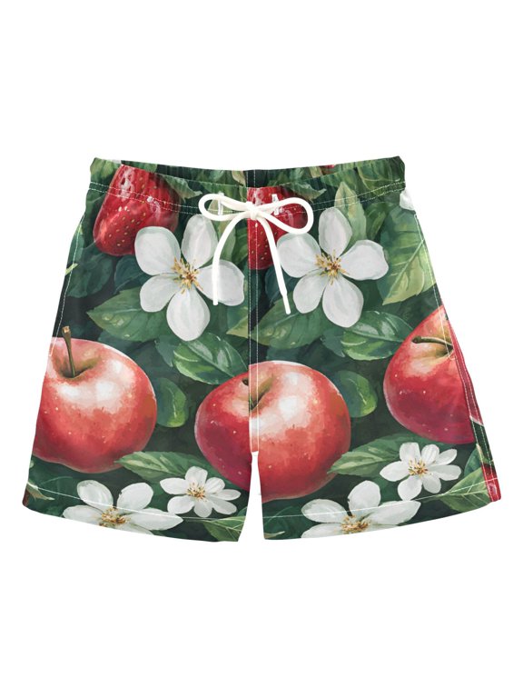 Boys Swim Trunks Quick Dry Mesh Liner Boardshorts Sizes XS-XL, Red Apple Pattern