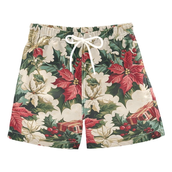 FORMRS Boys Swim Trunks Quick Dry Mesh Liner Boardshorts Sizes XS-XL, Red Christmas Poinsettia