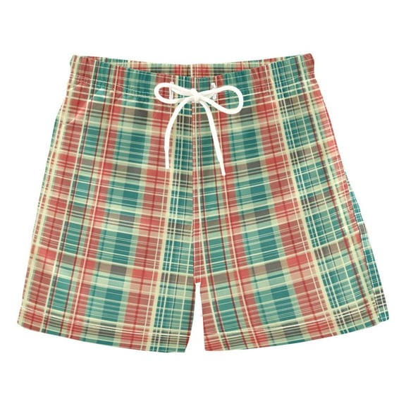 FORMRS Boys Swim Trunks Quick Dry Mesh Liner Boardshorts Sizes XS-XL, Red Green Tartan Pattern