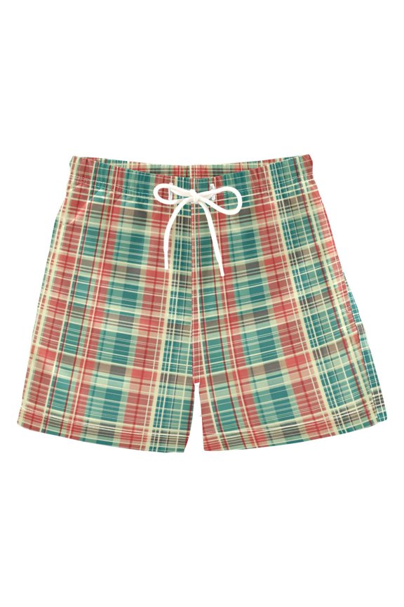 Boys Swim Trunks Quick Dry Mesh Liner Boardshorts Sizes XS-XL, Red Green Tartan Pattern