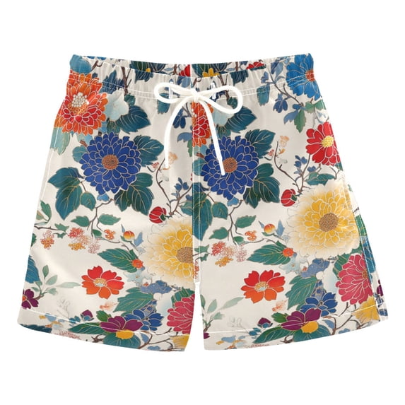FORMRS Boys Swim Trunks Quick Dry Mesh Liner Boardshorts Sizes XS-XL, Red Japanese Floral Pattern