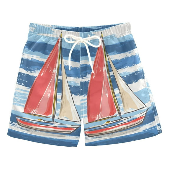 FORMRS Boys Swim Trunks Quick Dry Mesh Liner Boardshorts Sizes XS-XL, Red Sailboats