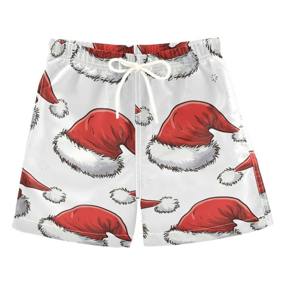 FORMRS Boys Swim Trunks Quick Dry Mesh Liner Boardshorts Sizes XS-XL, Red Santa Hats Pattern
