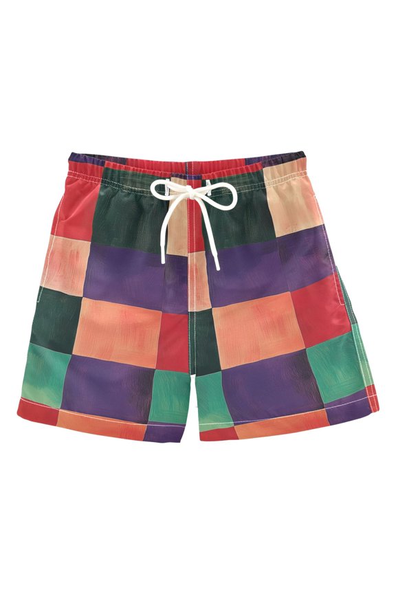 Boys Swim Trunks Quick Dry Mesh Liner Boardshorts Sizes XS-XL, Red and Purple Plaid Pattern