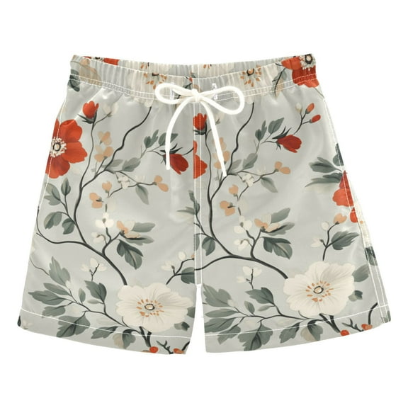 FORMRS Boys Swim Trunks Quick Dry Mesh Liner Boardshorts Sizes XS-XL, Red and White Floral Pattern