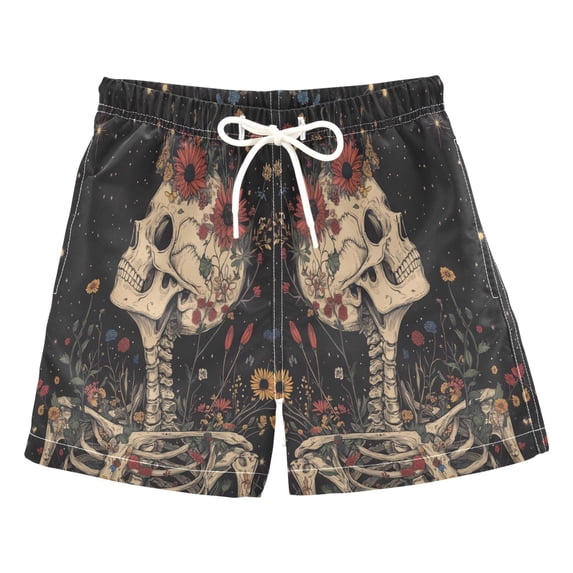 FORMRS Boys Swim Trunks Quick Dry Mesh Liner Boardshorts Sizes XS-XL, Skeleton with Flowers Pattern