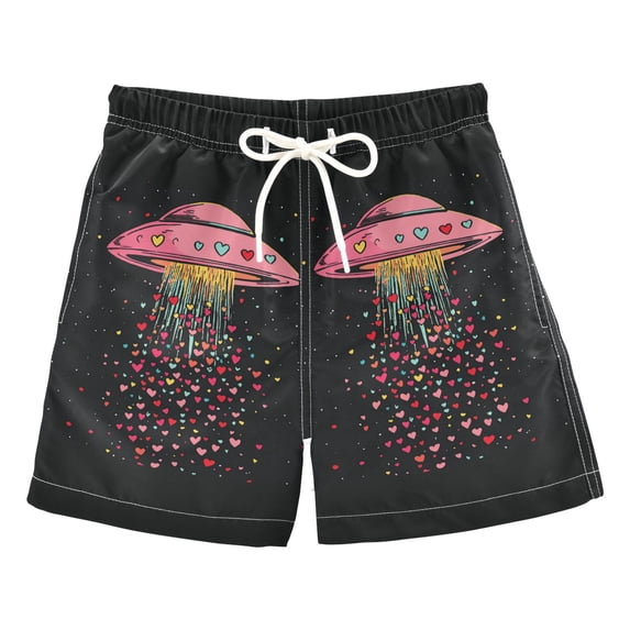 FORMRS Boys Swim Trunks Quick Dry Mesh Liner Boardshorts Sizes XS-XL, UFO with Hearts Pattern