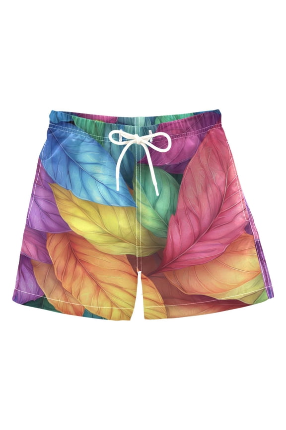 Boys Swim Trunks Quick Dry Mesh Liner Boardshorts Sizes XS-XL, Vibrant Leaves Pattern