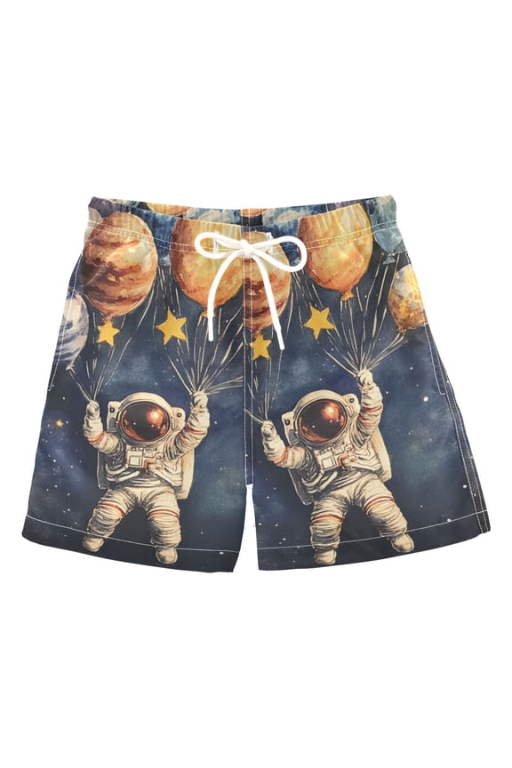 Boys Swim Trunks Quick Dry Mesh Liner Boardshorts Sizes XS-XL, Watercolor Astronaut