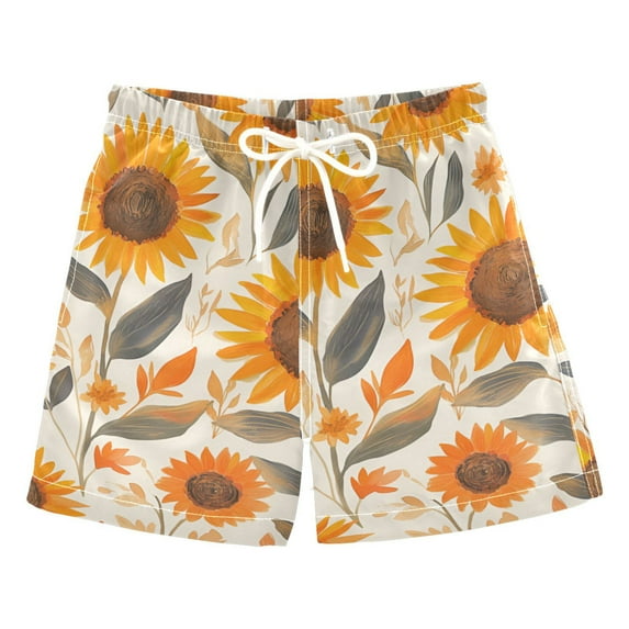 FORMRS Boys Swim Trunks Quick Dry Mesh Liner Boardshorts Sizes XS-XL, Watercolor Sunflowers and Leaves