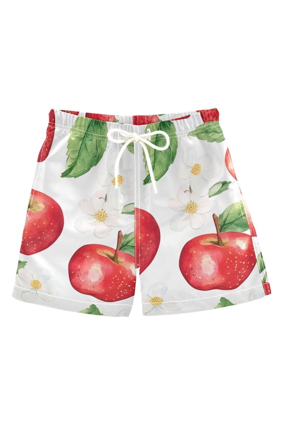 Boys Swim Trunks Quick Dry Mesh Liner Boardshorts Sizes XS-XL, White Apple Pattern