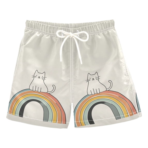 FORMRS Boys Swim Trunks Quick Dry Mesh Liner Boardshorts Sizes XS-XL, White Cat Rainbow