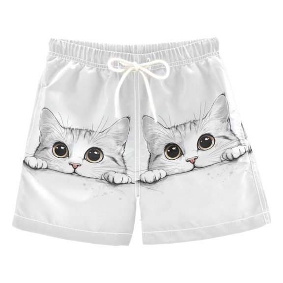 FORMRS Boys Swim Trunks Quick Dry Mesh Liner Boardshorts Sizes XS-XL, White Cat