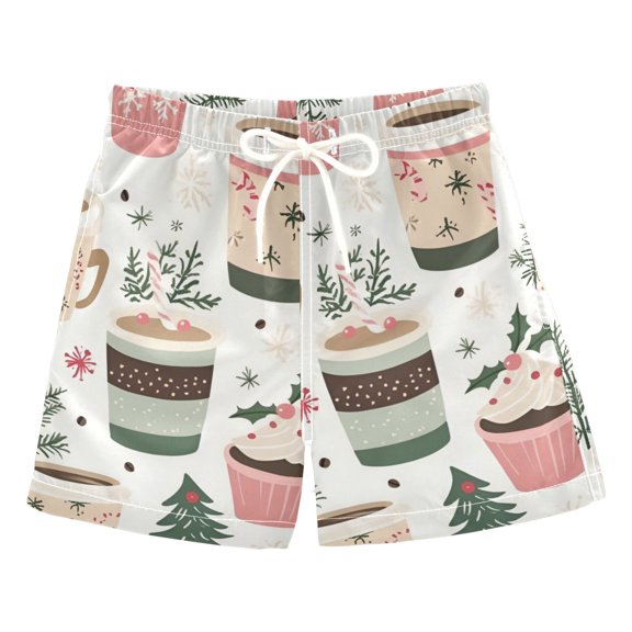 FORMRS Boys Swim Trunks Quick Dry Mesh Liner Boardshorts Sizes XS-XL, White Christmas Cups