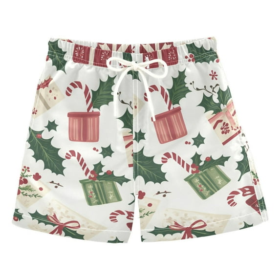 FORMRS Boys Swim Trunks Quick Dry Mesh Liner Boardshorts Sizes XS-XL, White Christmas Holly