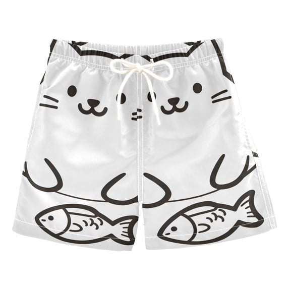 FORMRS Boys Swim Trunks Quick Dry Mesh Liner Boardshorts Sizes XS-XL, White Chubby Cat