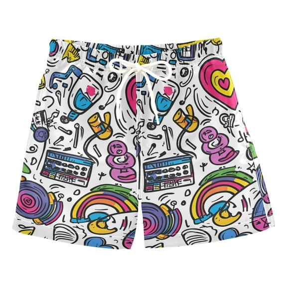 FORMRS Boys Swim Trunks Quick Dry Mesh Liner Boardshorts Sizes XS-XL, White Doodle Pattern