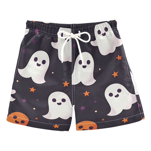 FORMRS Boys Swim Trunks Quick Dry Mesh Liner Boardshorts Sizes XS-XL, White Halloween Ghosts