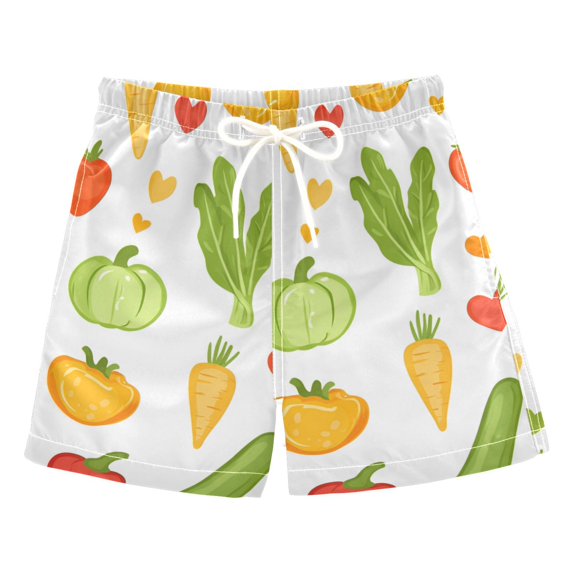 FORMRS Boys Swim Trunks Quick Dry Mesh Liner Boardshorts Sizes XS-XL, White Vegetables Pattern