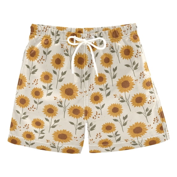 FORMRS Boys Swim Trunks Quick Dry Mesh Lining Beach Boardshorts, Sizes XS-XL, Beige Sunflower Pattern