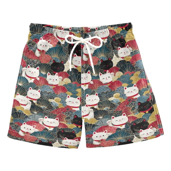 FORMRS Boys Swim Trunks Quick Dry Mesh Lining Beach Boardshorts, Sizes XS-XL, Black Lucky Cat