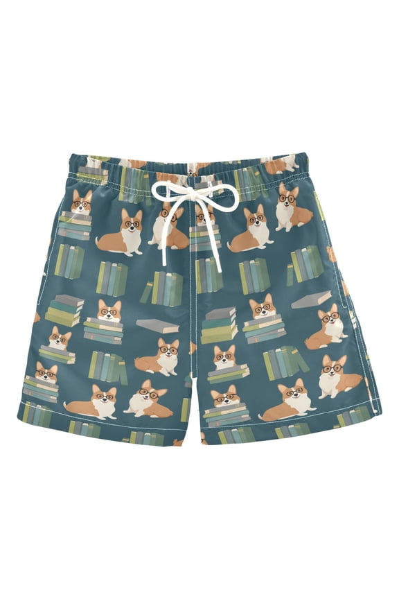 Boys Swim Trunks Quick Dry Mesh Lining Beach Boardshorts, Sizes XS-XL, Blue Cartoon Dog Pattern