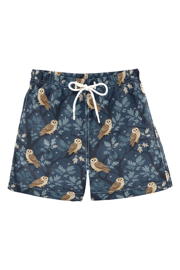 Boys Swim Trunks Quick Dry Mesh Lining Beach Boardshorts, Sizes XS-XL, Blue Cartoon Owl Pattern