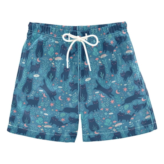 FORMRS Boys Swim Trunks Quick Dry Mesh Lining Beach Boardshorts, Sizes XS-XL, Blue Forest Cat Pattern