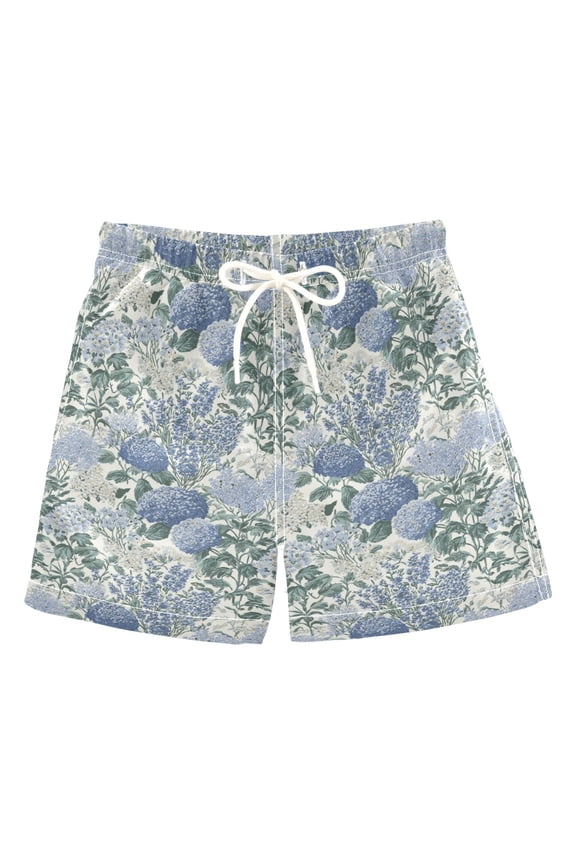 Boys Swim Trunks Quick Dry Mesh Lining Beach Boardshorts, Sizes XS-XL, Blue Hydrangeas Pattern