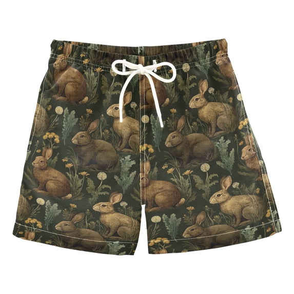 FORMRS Boys Swim Trunks Quick Dry Mesh Lining Beach Boardshorts, Sizes XS-XL, Brown Floral Rabbits Pattern