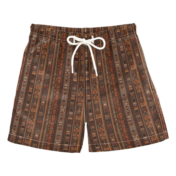 FORMRS Boys Swim Trunks Quick Dry Mesh Lining Beach Boardshorts, Sizes XS-XL, Brown Tribal Pattern