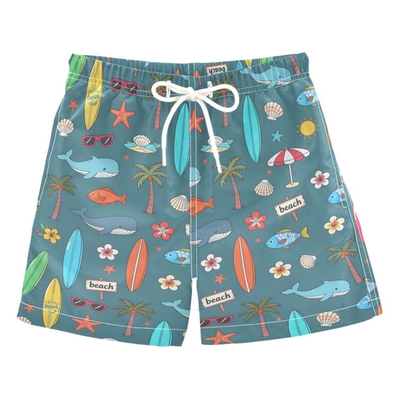 FORMRS Boys Swim Trunks Quick Dry Mesh Lining Beach Boardshorts, Sizes XS-XL, Cartoon Beach Pattern