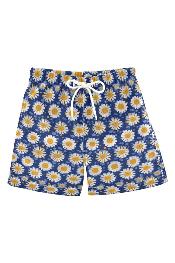 Boys Swim Trunks Quick Dry Mesh Lining Beach Boardshorts, Sizes XS-XL, Elegant Daisy Pattern